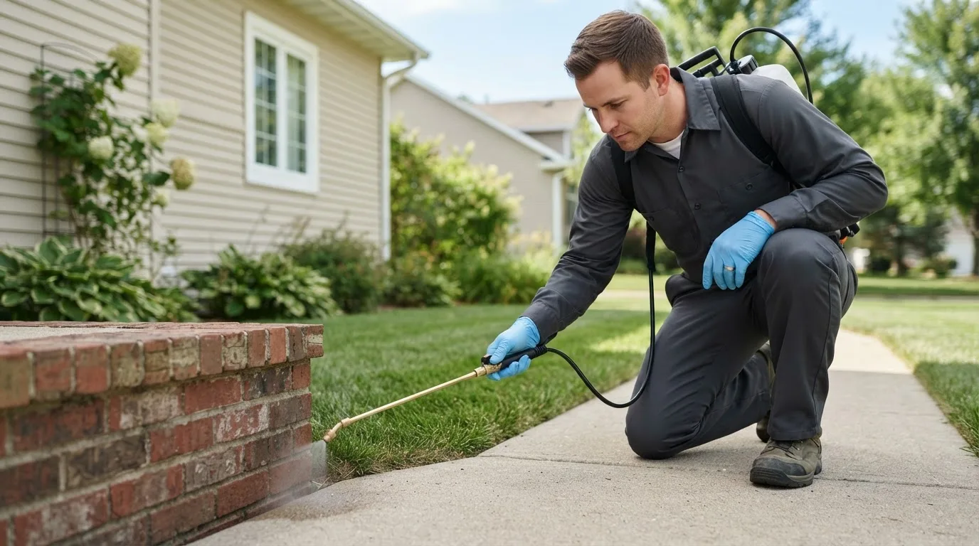 Pest control technician treating a home near Rio Grande, OH
