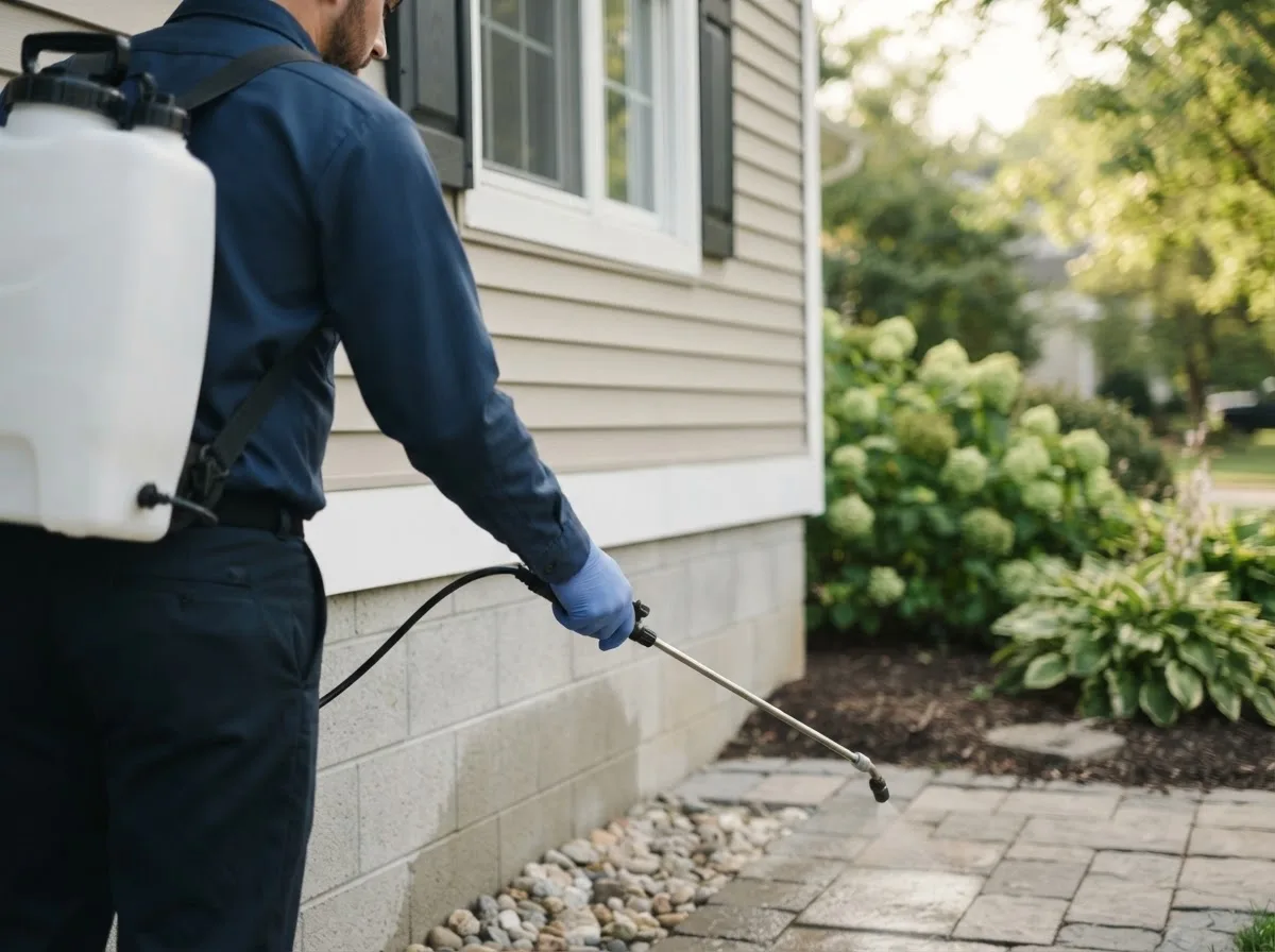 Pest control technician inspecting a home in Rio Grande, OH